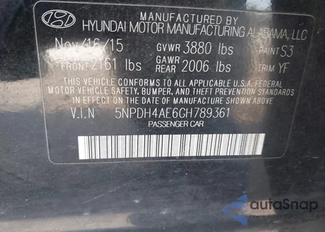 2016 Hyundai Elantra Se z USA, uszkodzony, nr VIN 5NPDH4AE6GH789361
